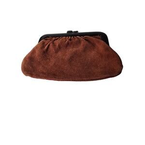 Vintage ROGER GIMBEL Designer Brown Suede Black Bakelite Kiss Lock Clutch Purse